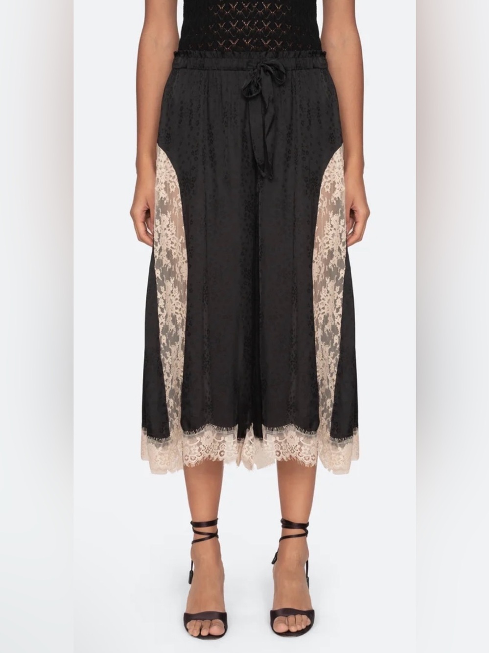 Sea New York Ethel Black Cropped Wide-Leg Pants with Cream Lace Panels